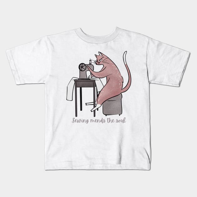 LADY CAT SEWING MENDS THE SOUL Kids T-Shirt by Rightshirt